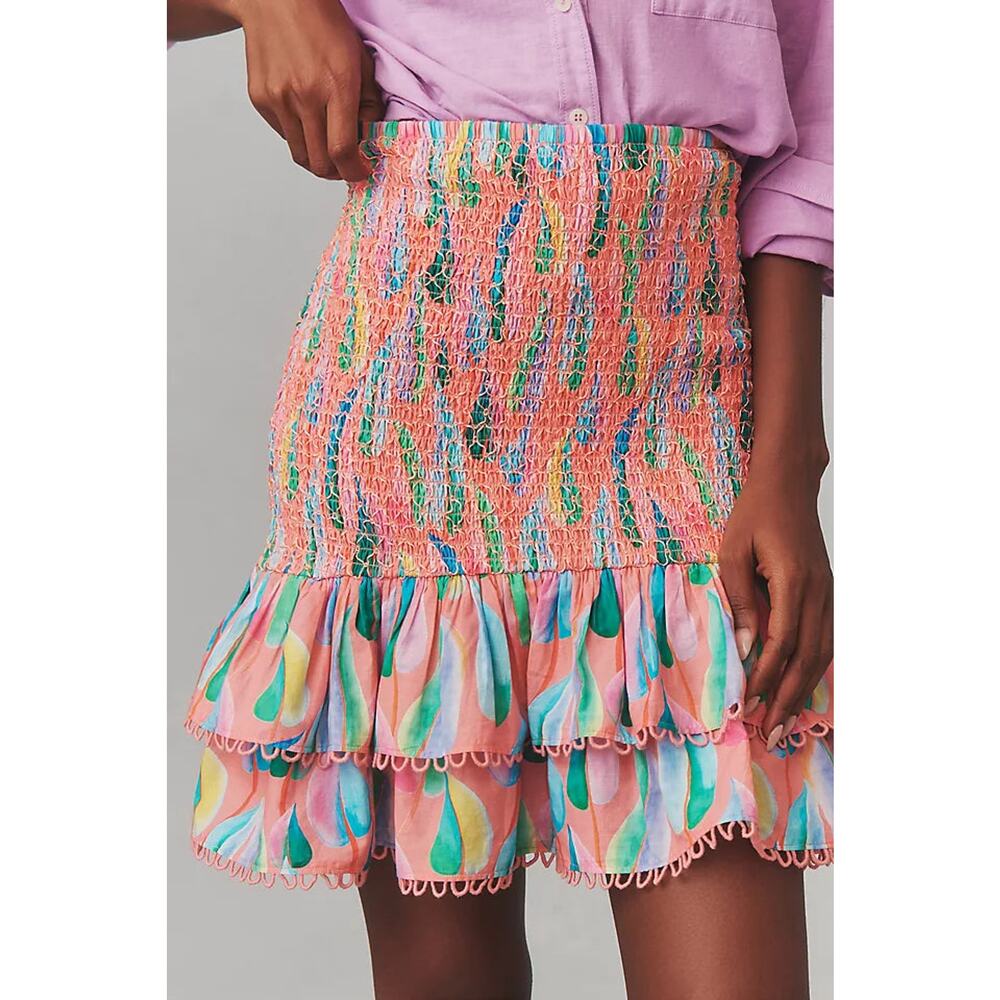 NWT Farm Rio Printed High Waisted Smocked Tiered Mini Skirt Pink Multi Women's L